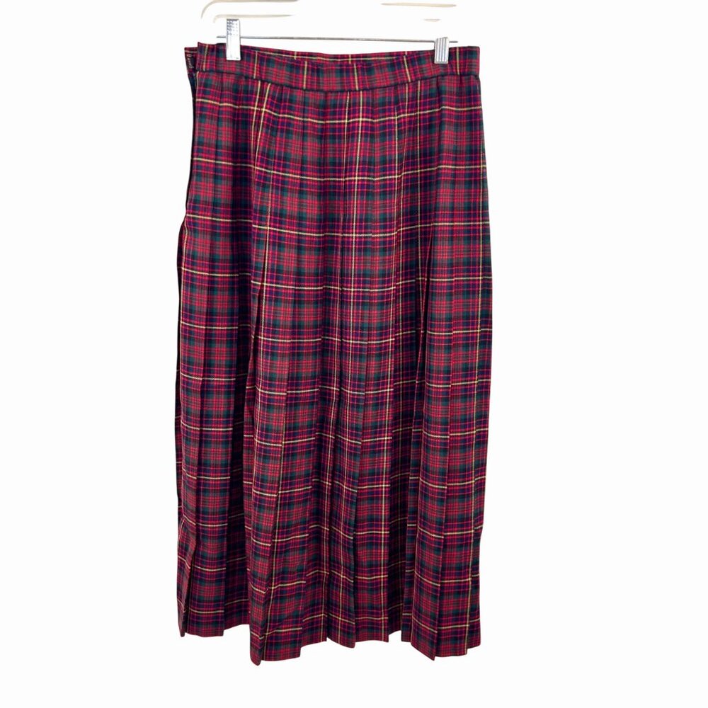 VINTAGE H&W HAWKSLEY & WIGHT TARTAN PLAID PLEATED WOOL MIDI SKIRT MADE IN USA - Picture 4 of 6